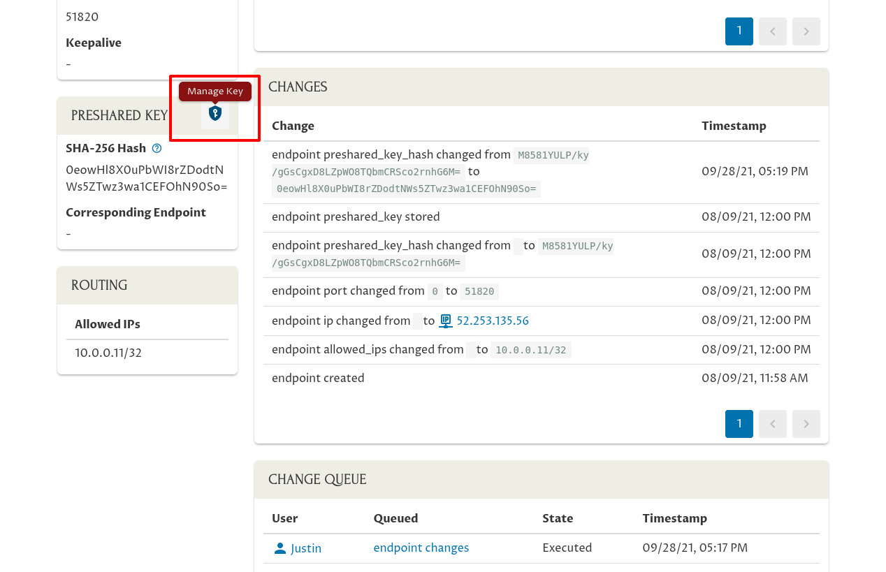 Endpoint page (Manage Key icon highlighted)