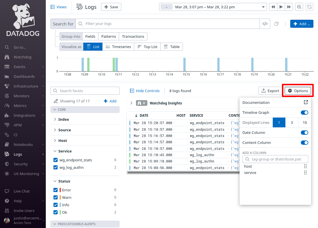 Log Explorer Default List Options