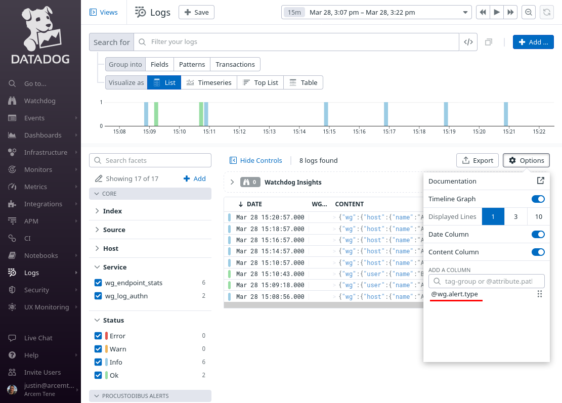 Log Explorer Alert List Options