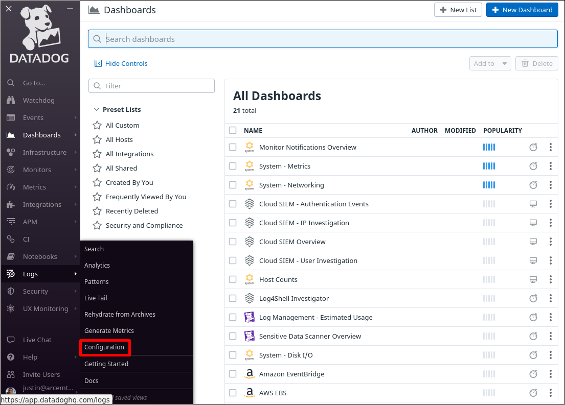 Link to Logs Configuration