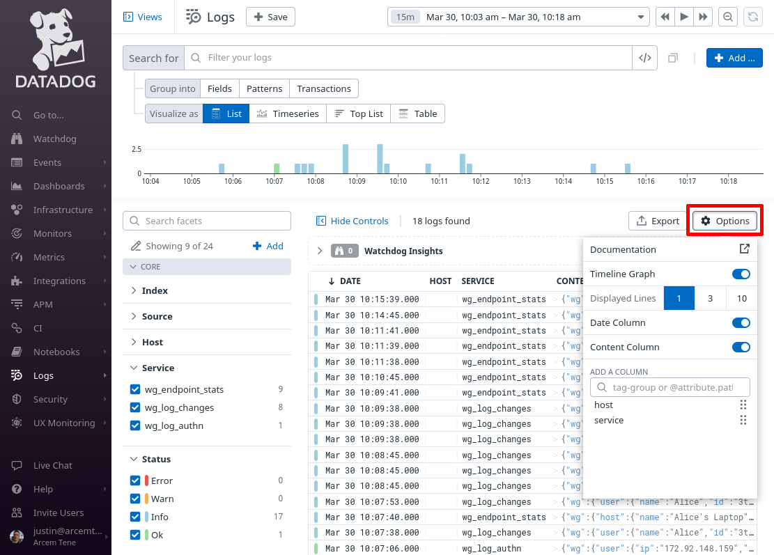 Log Explorer Default List Options