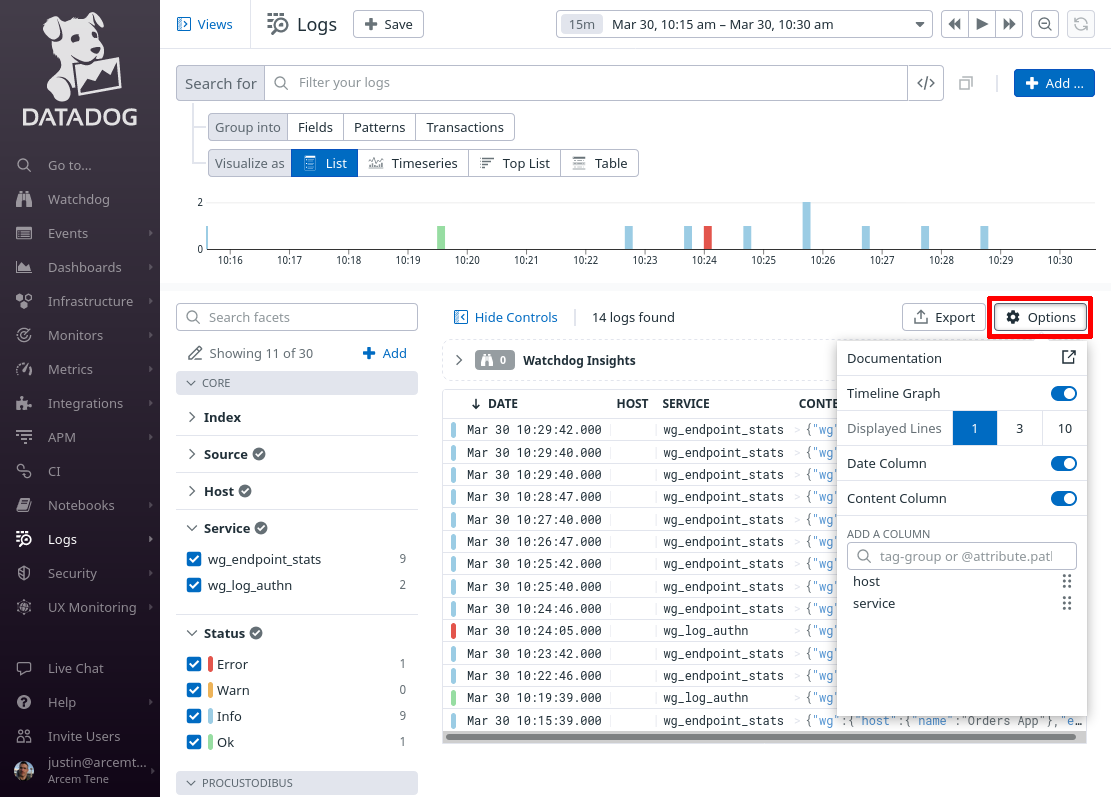 Log Explorer Default List Options