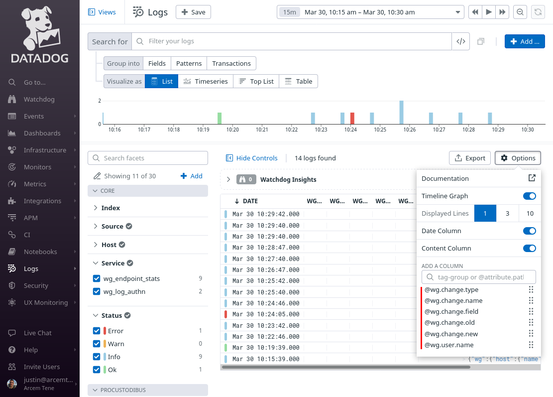 Log Explorer Log Changes List Options