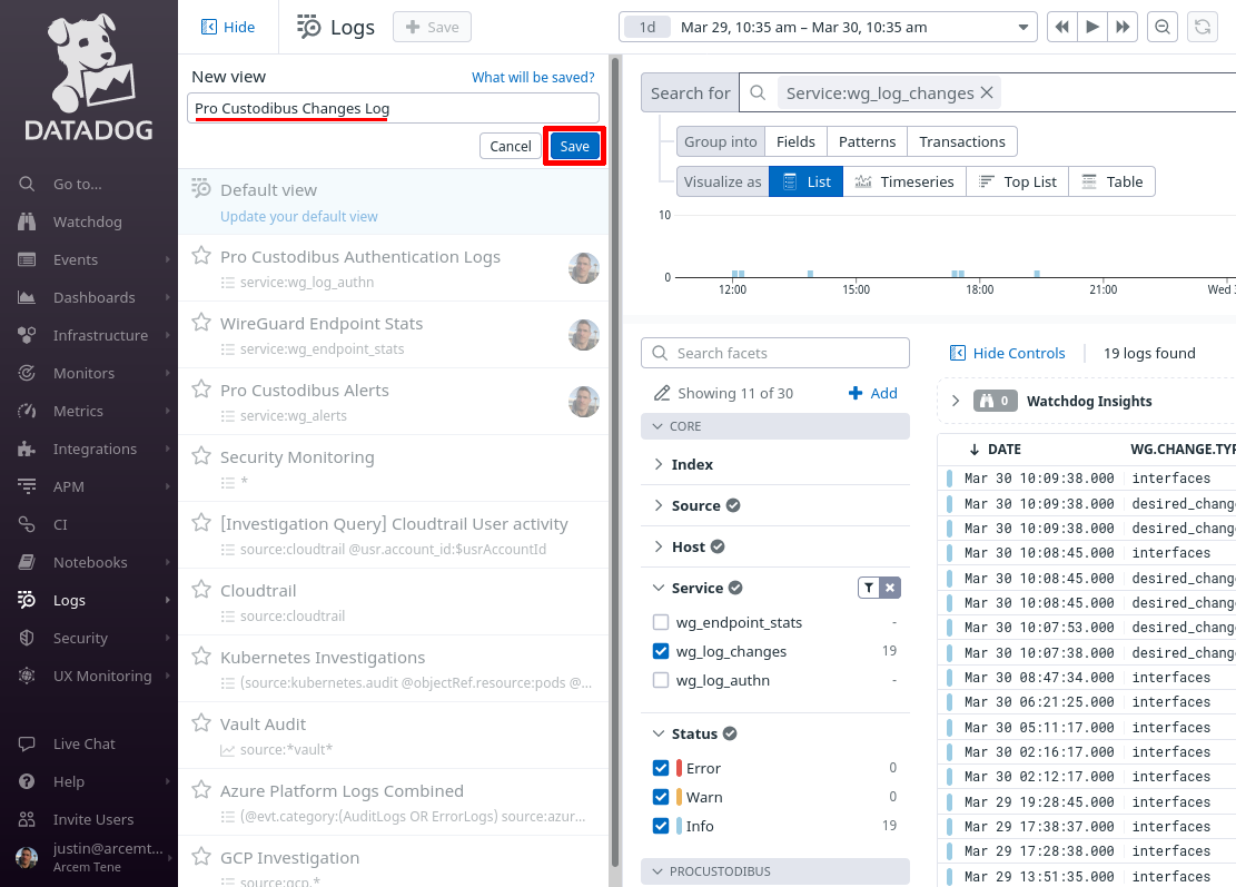 Pro Custodibus Saved Log Changes View