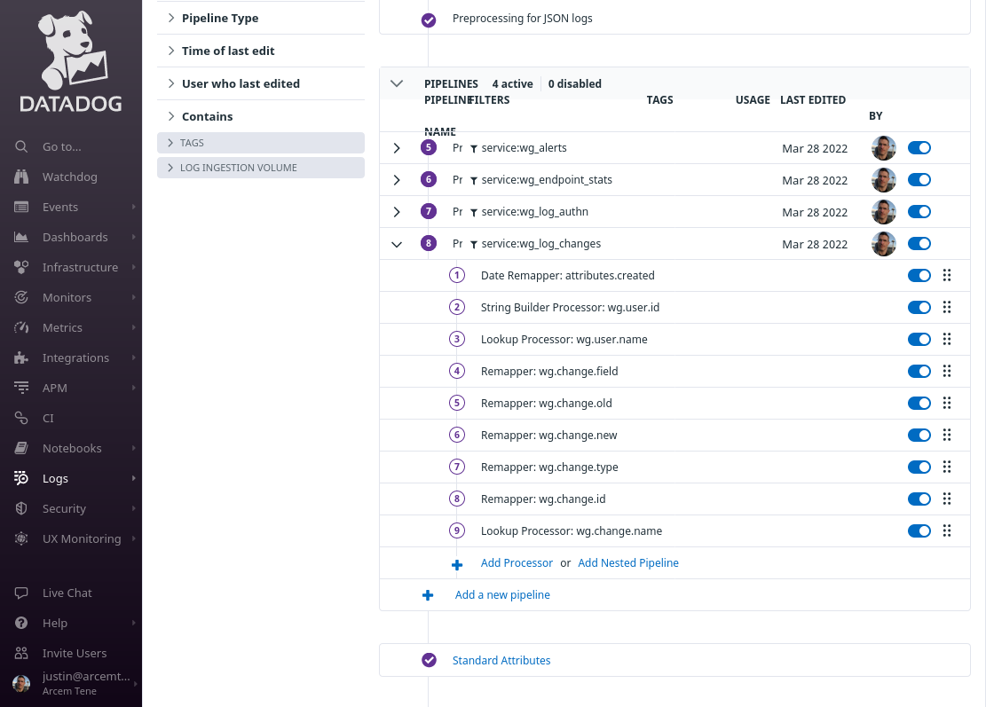 Log Pipeline for Change Logs