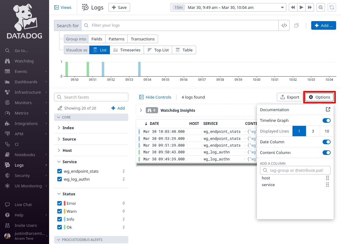 Log Explorer Default List Options