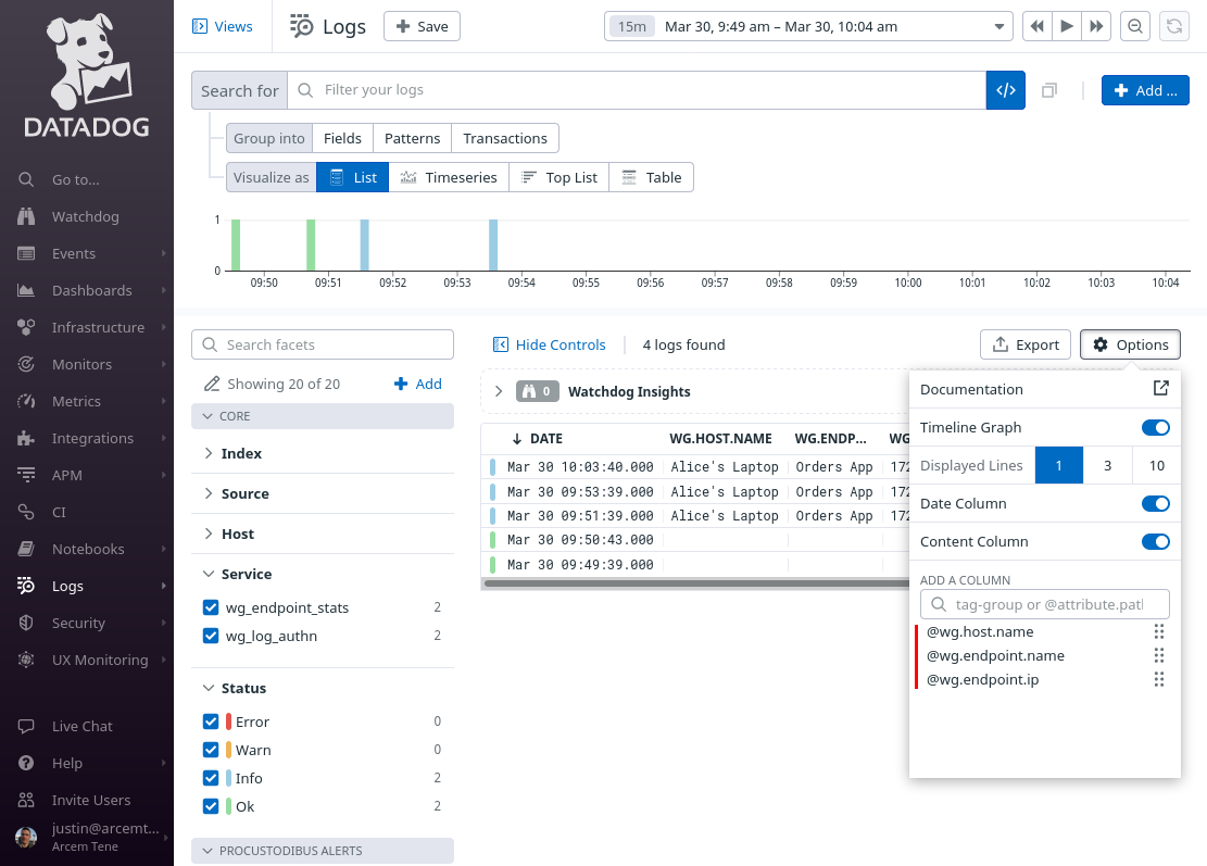 Log Explorer Endpoint Stats List Options